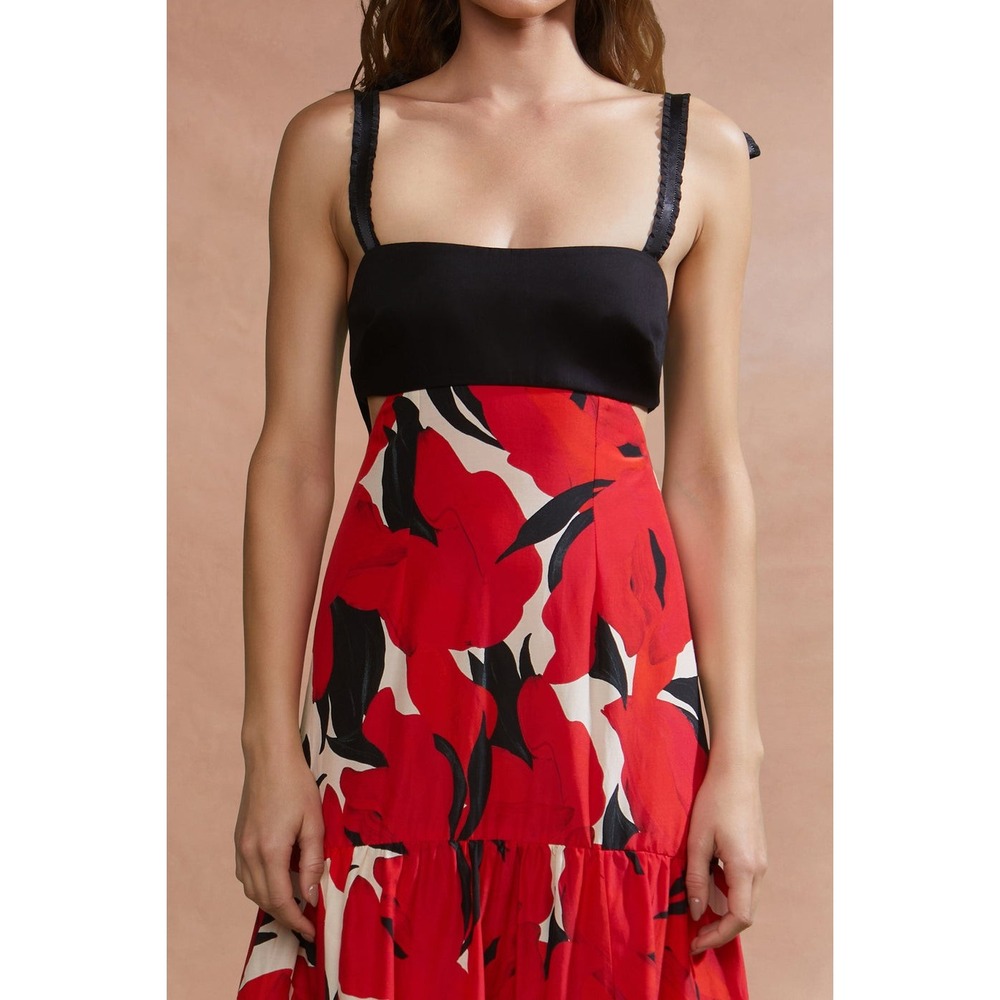 AMUR Selna Tie Strap Dress Size 10 Red Floral Cotton Silk Midi Dress Black Bow